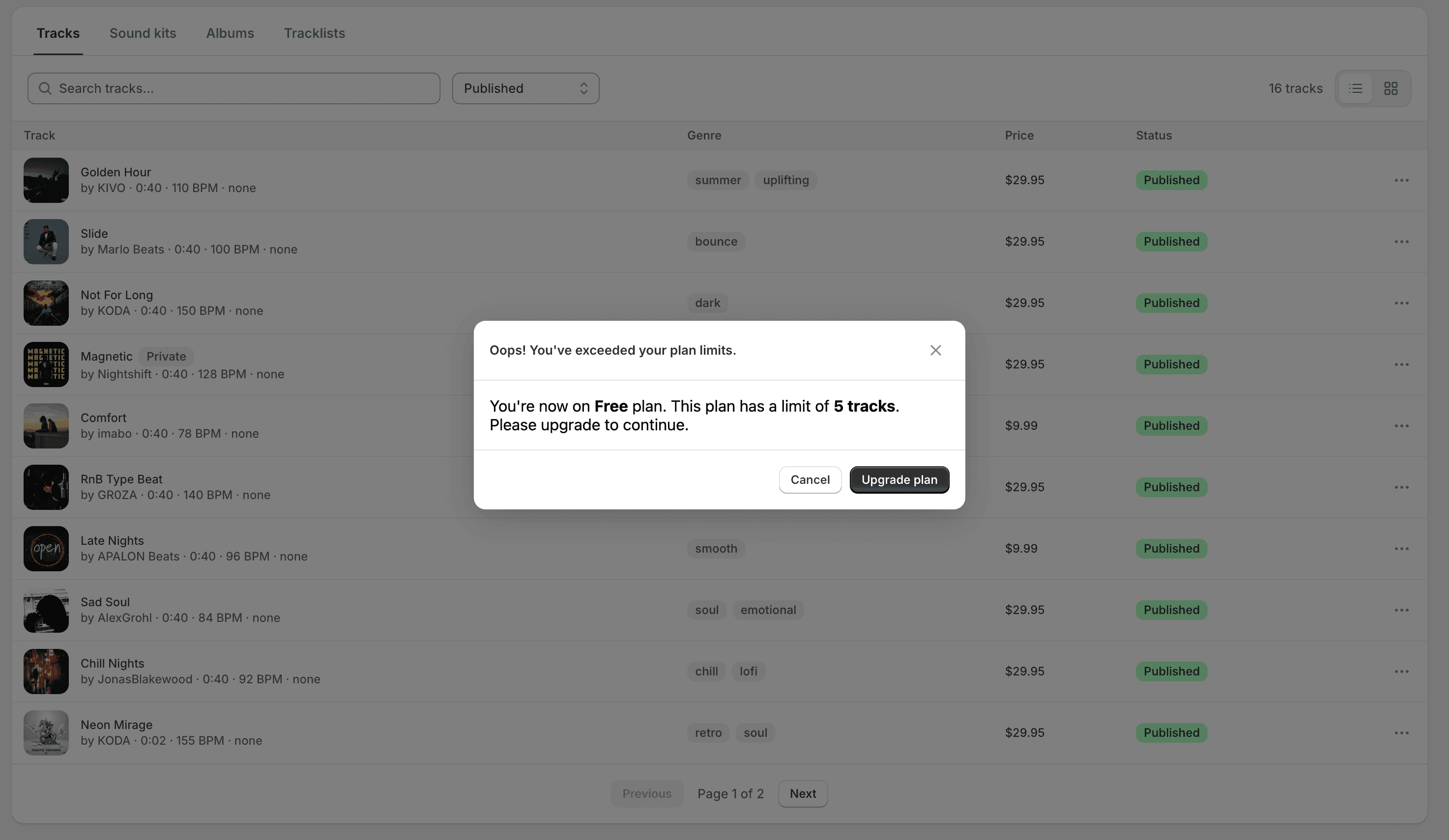 The plan-limit upgrade dialog shown when creating an item past the plan's cap