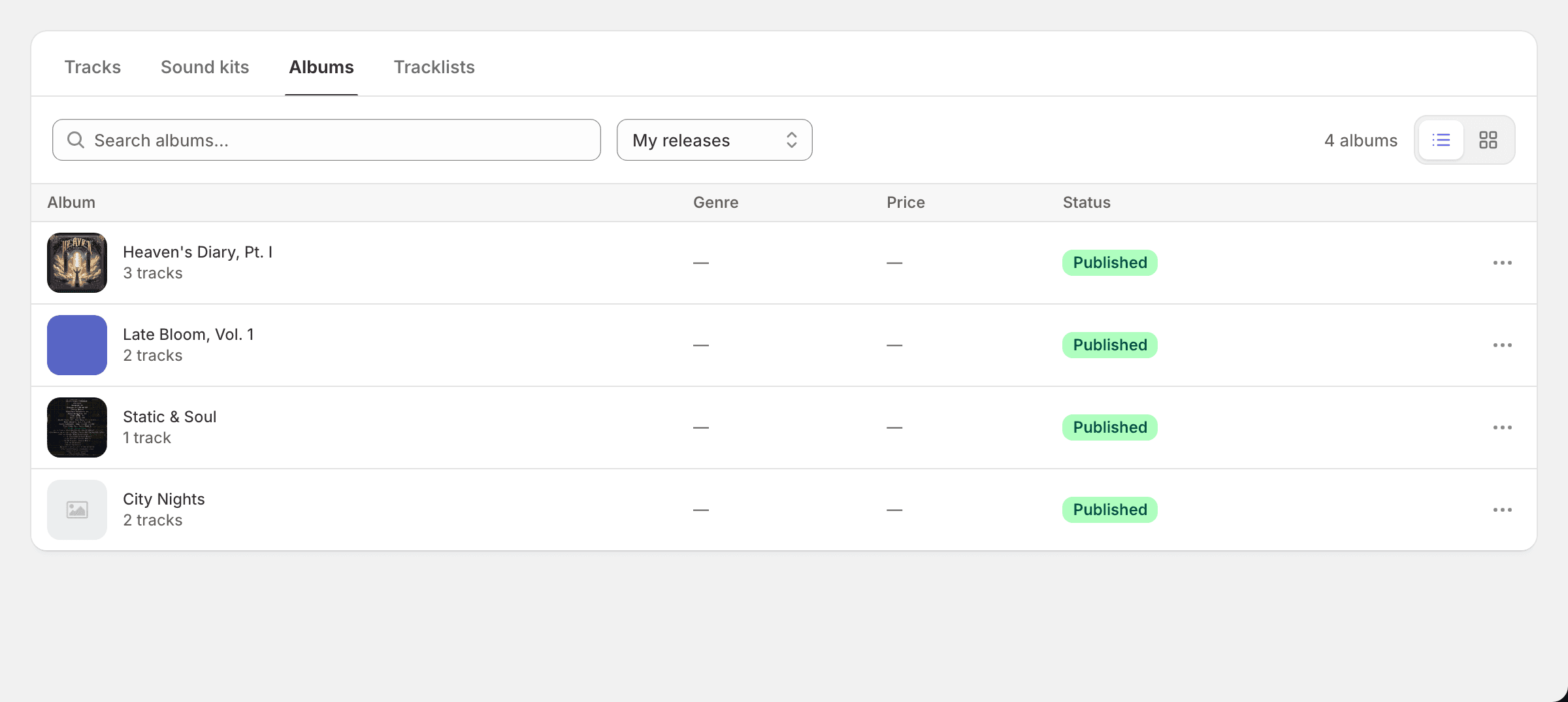 Album list on the My releases tab with artwork, track counts and prices