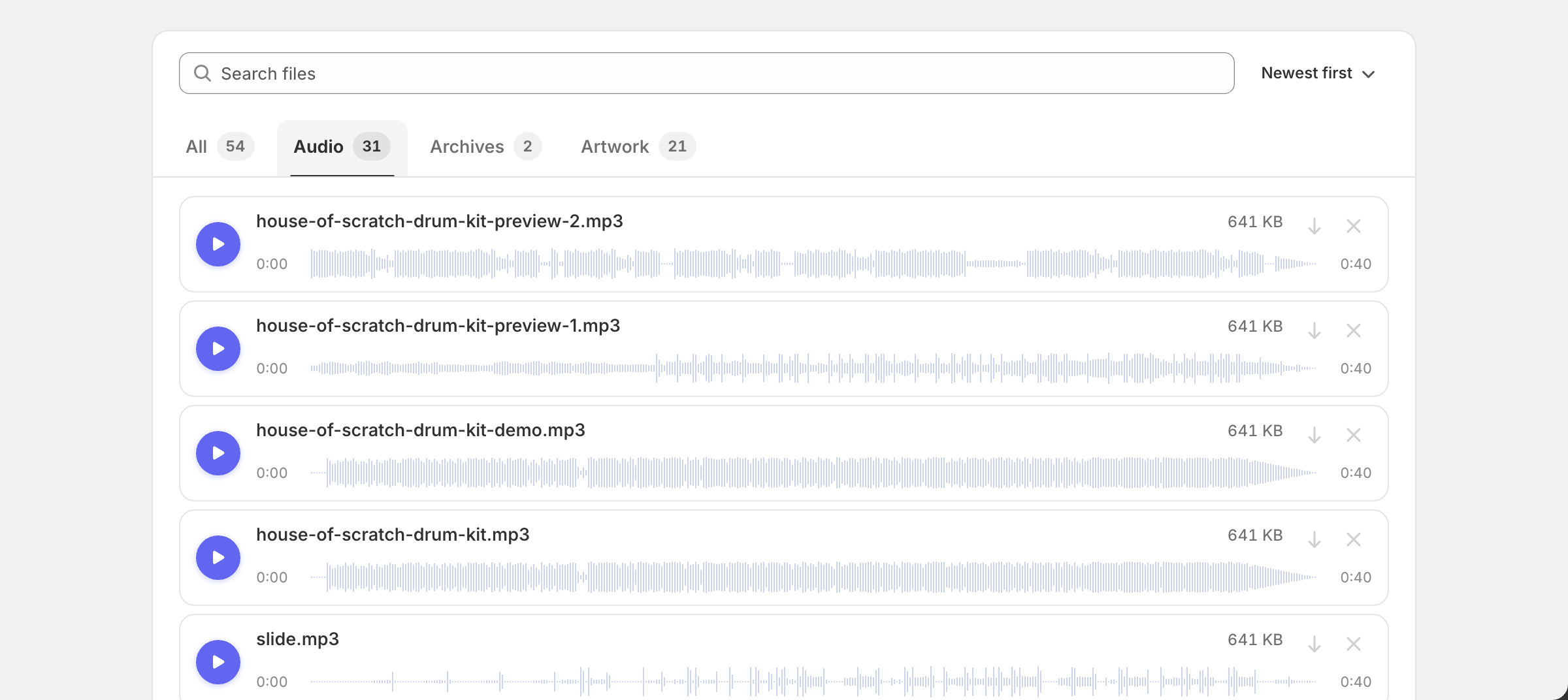 Media library with audio rows showing waveforms, an archives section and an artwork grid