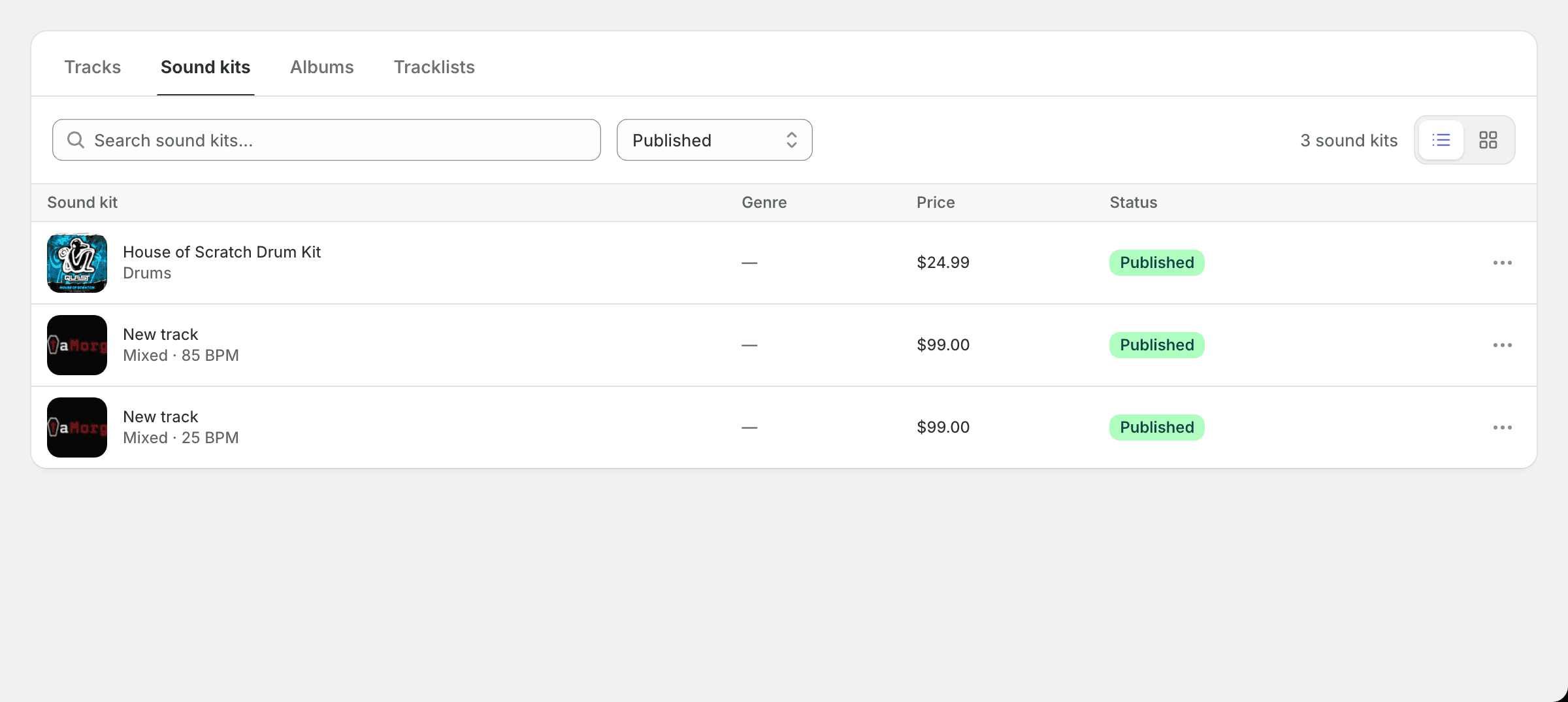 Sound kit list on the Published tab with artwork, kit types and prices