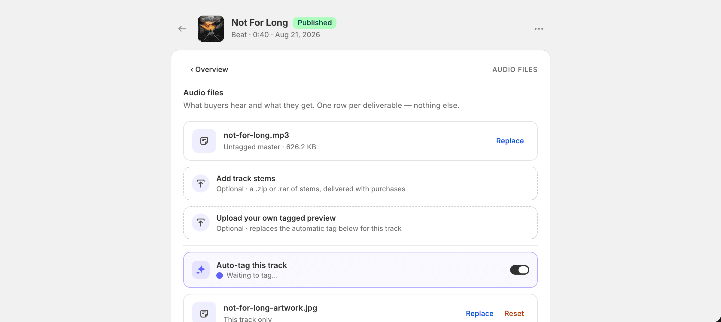 Audio files section of the track editor with the auto-tag row showing 'Tagging this preview…'