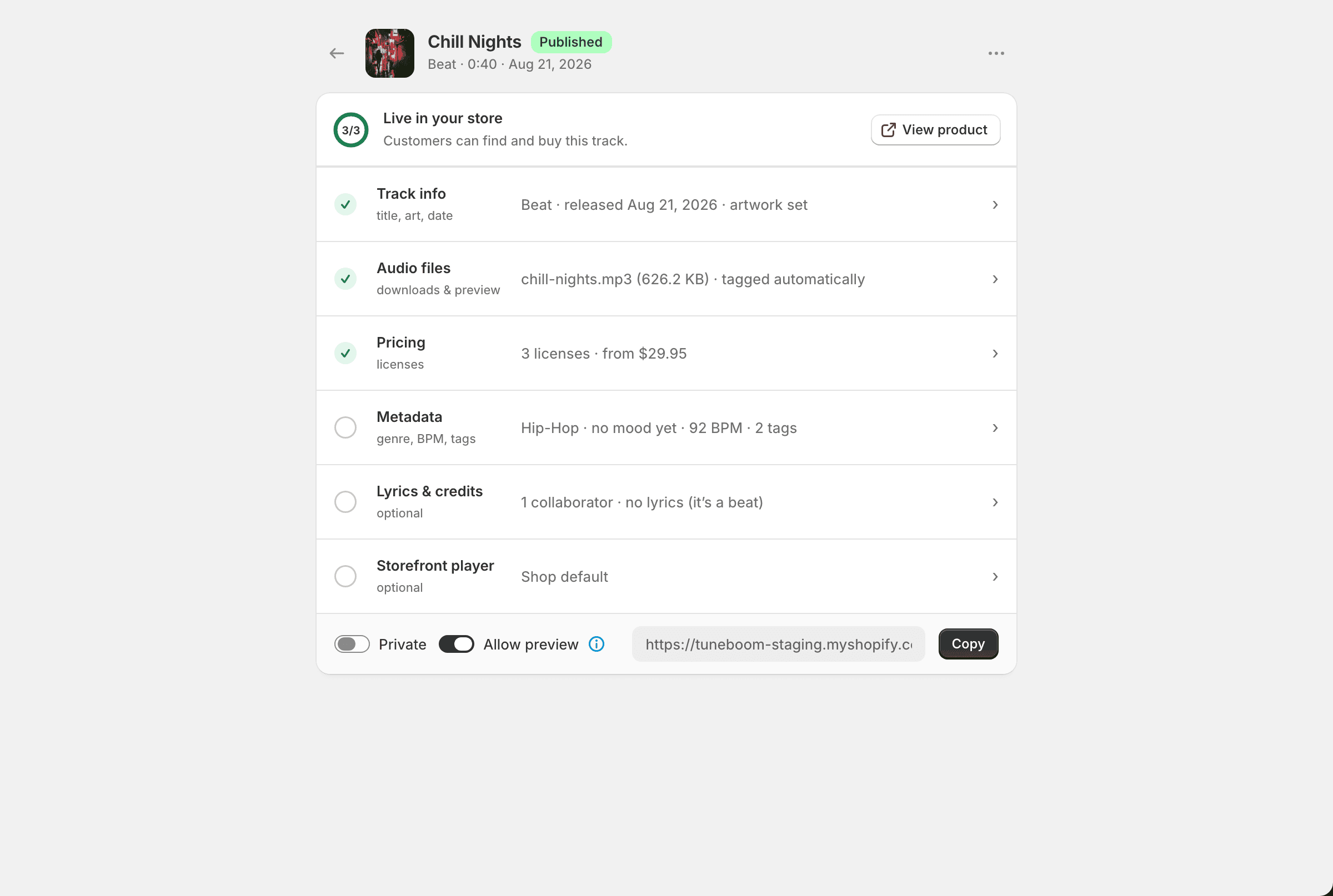 Track editor overview with progress ring, status message, and six section rows with completion summaries