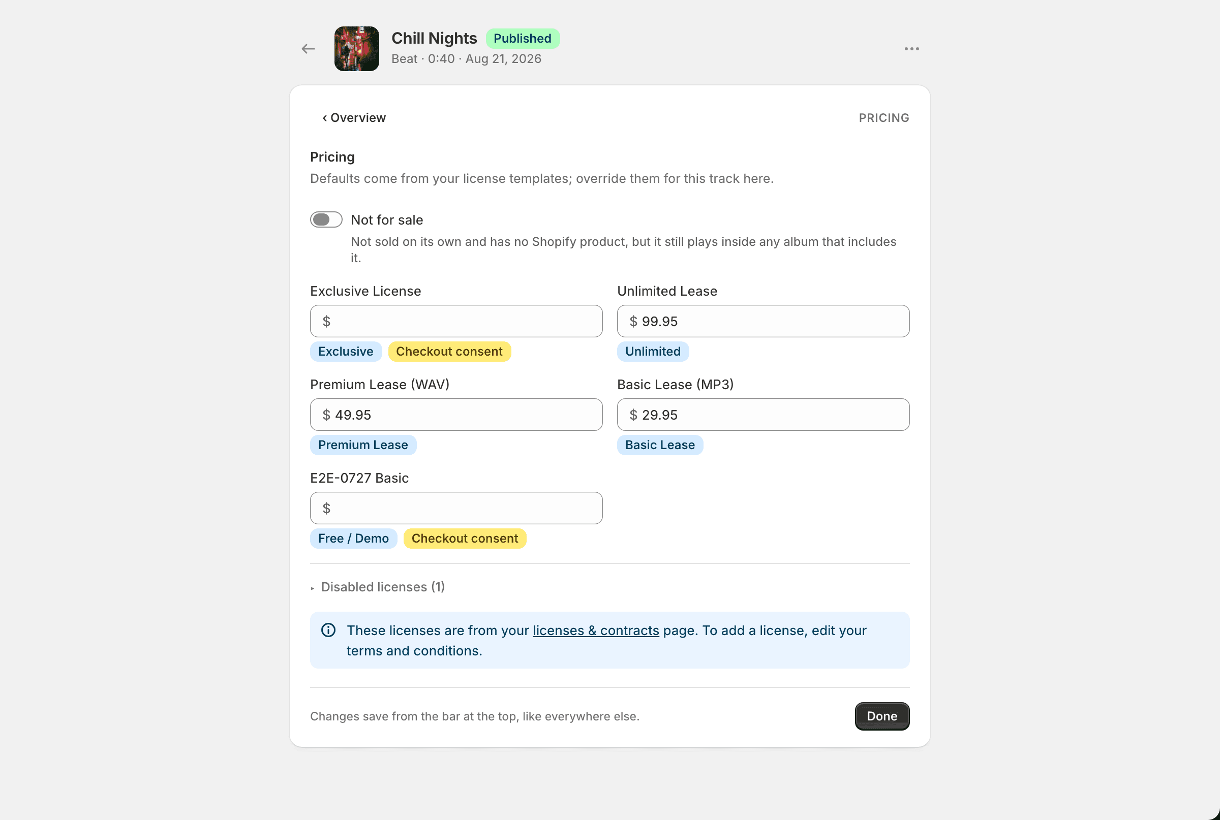 Pricing section with one price field per enabled license and a collapsed group of disabled licenses