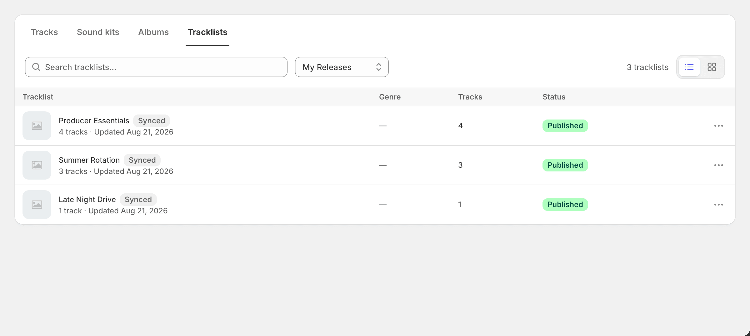 Tracklist list on the My Releases tab showing artwork, track counts and updated dates