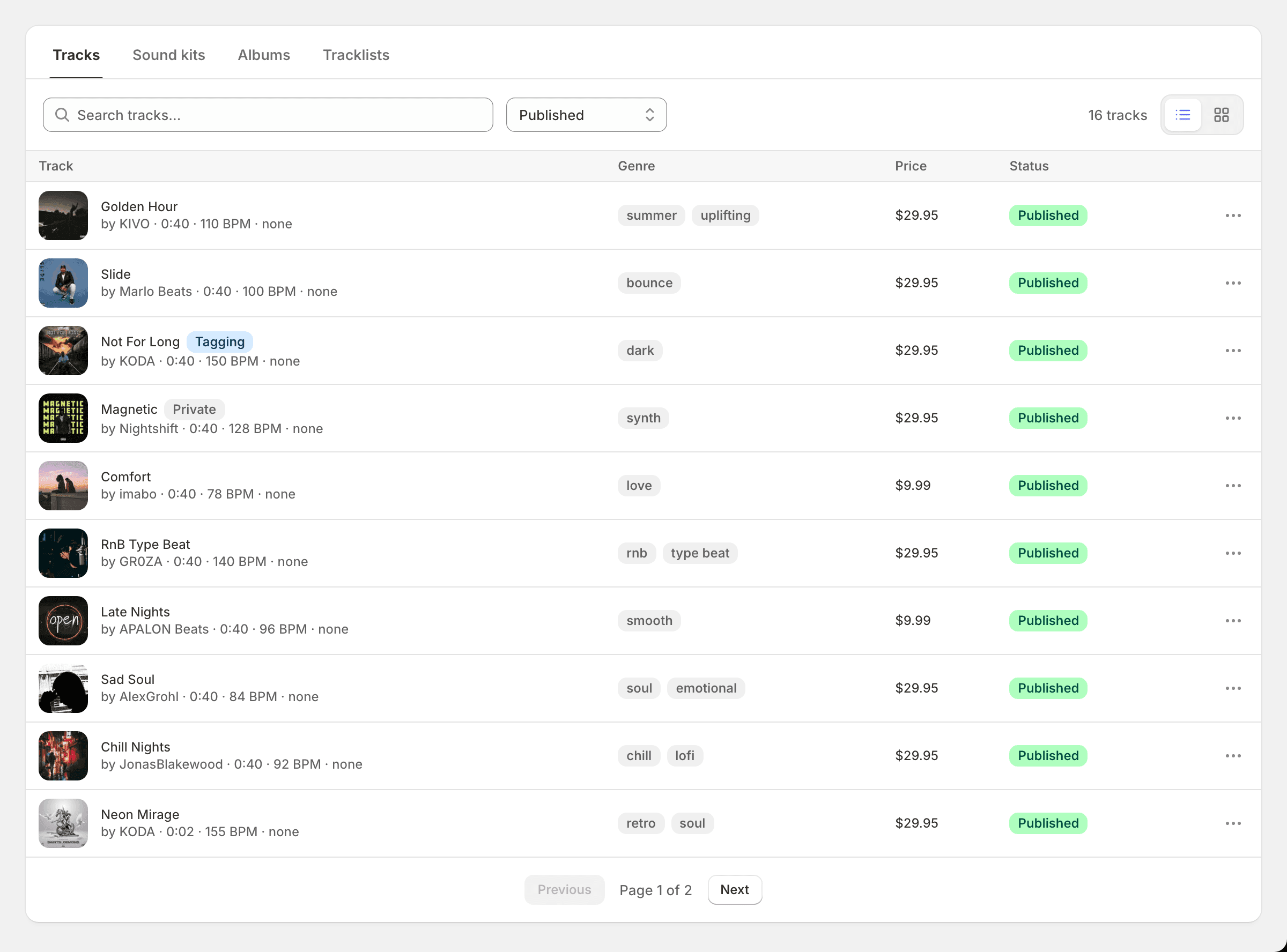 Track list on the Published tab showing rows with artwork, duration, BPM, price and status flags