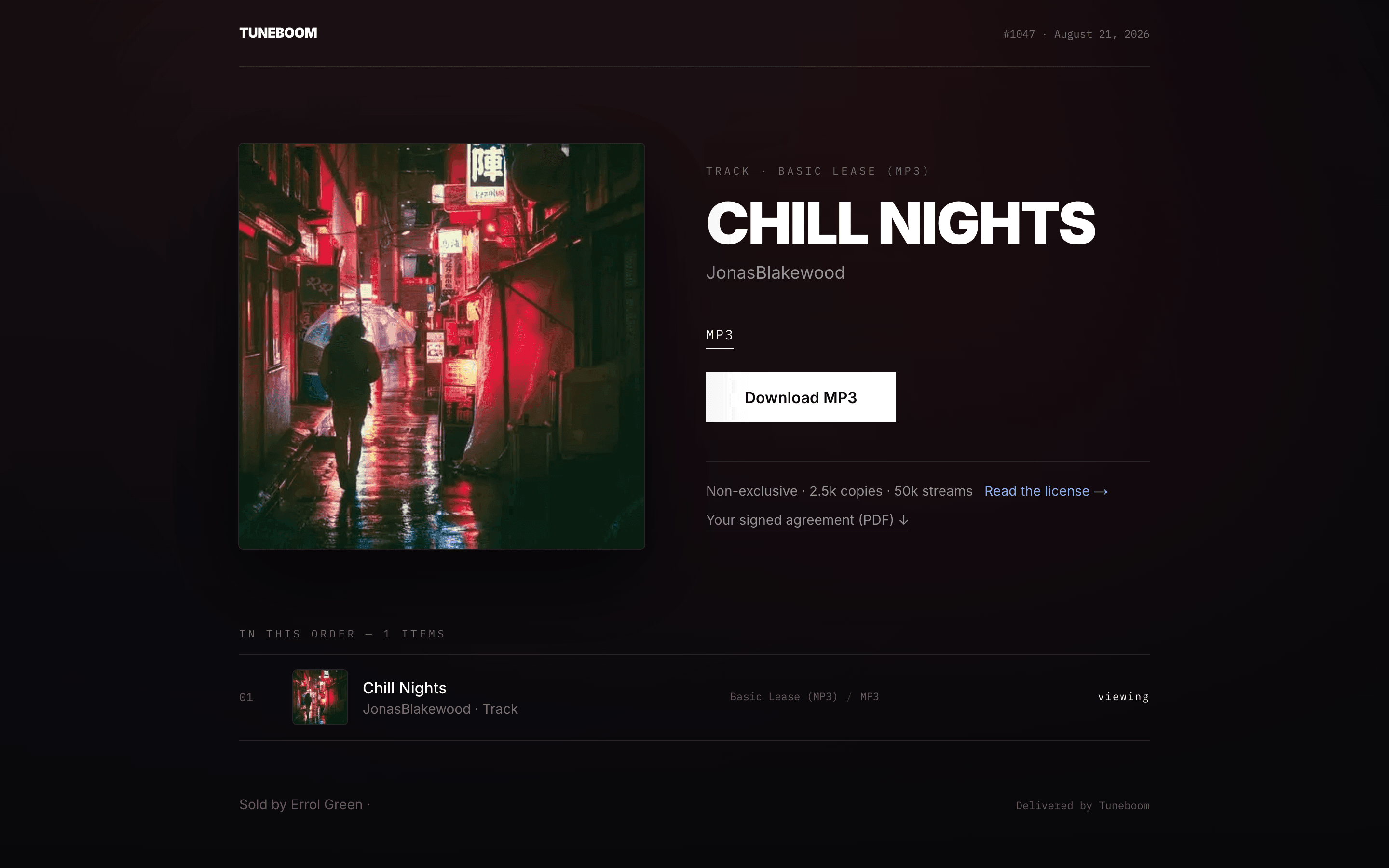 The hosted download page on tuneboom.io showing artwork, format selection, and license terms for an order