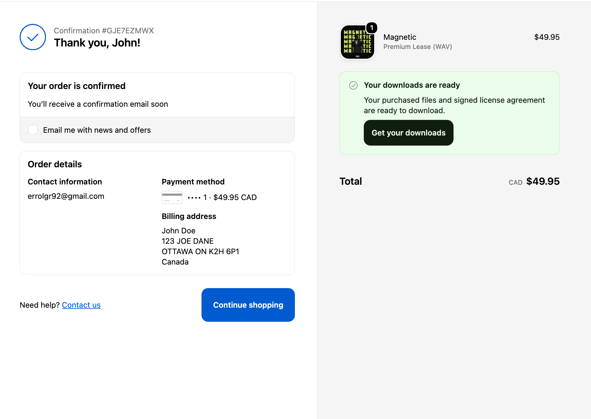 Shopify Thank you page showing the Tuneboom Downloads card below the purchased items