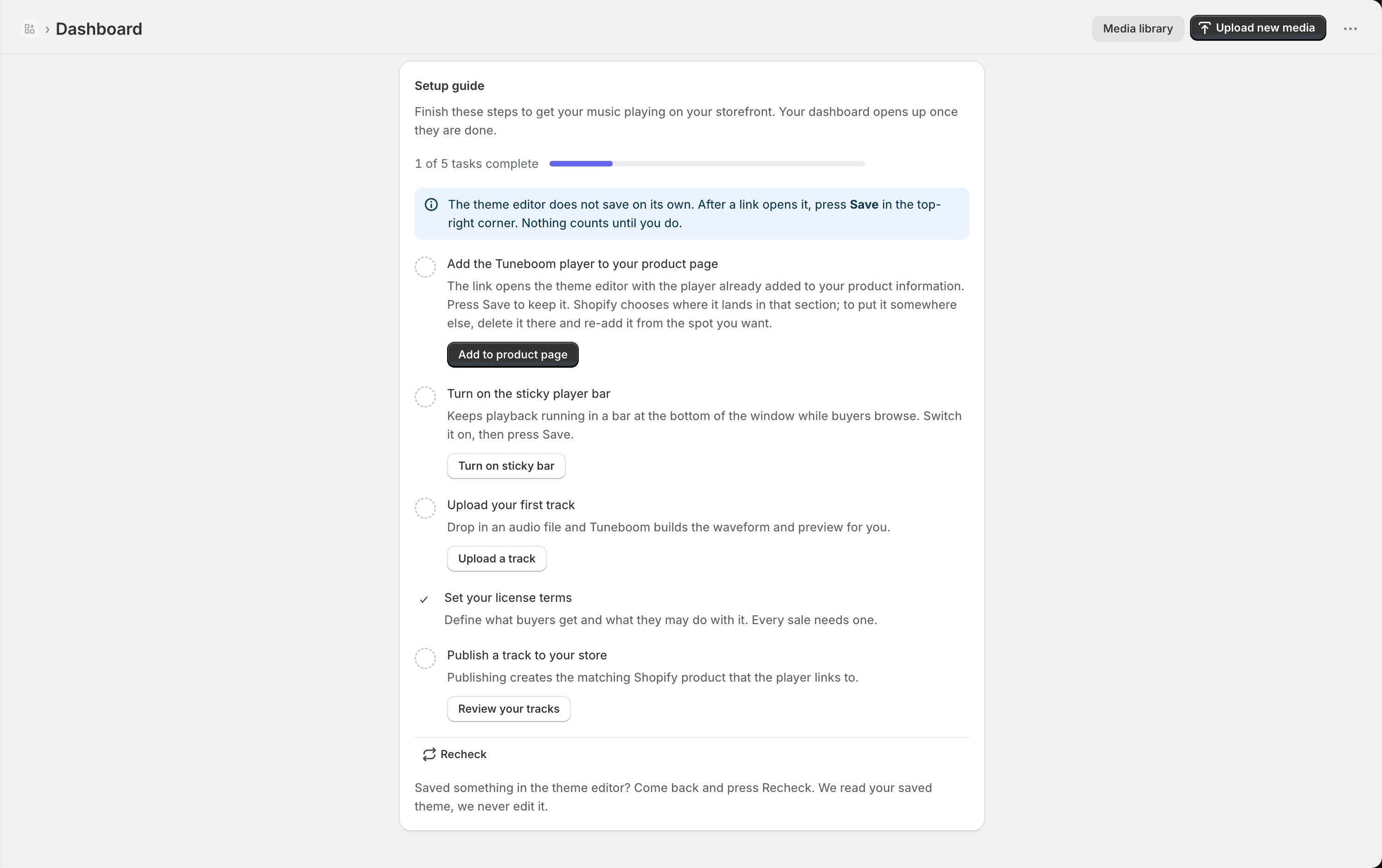 The Setup guide replacing the dashboard on a fresh install, with the remaining tasks open