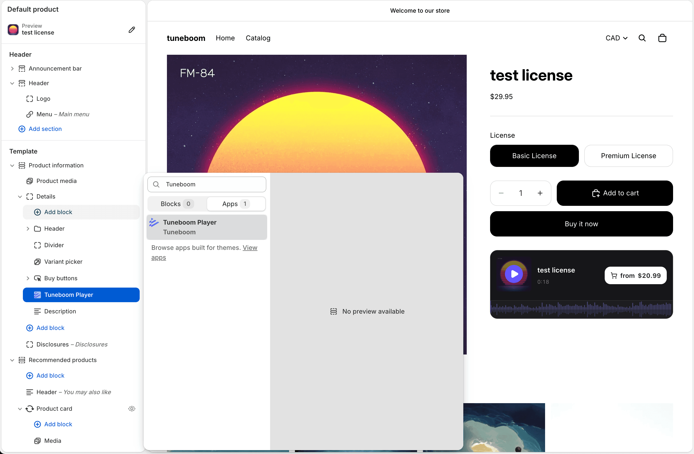 The Shopify theme editor with the Tuneboom Player block in the product template, the live player preview on the page, and the Add block picker showing Tuneboom Player under Apps