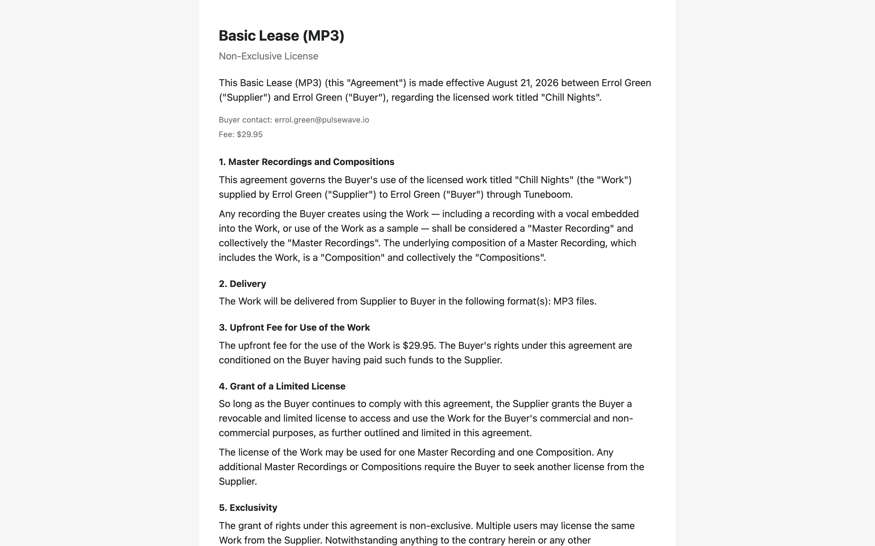 The hosted agreement page showing the executed license contract with purchase details filled in