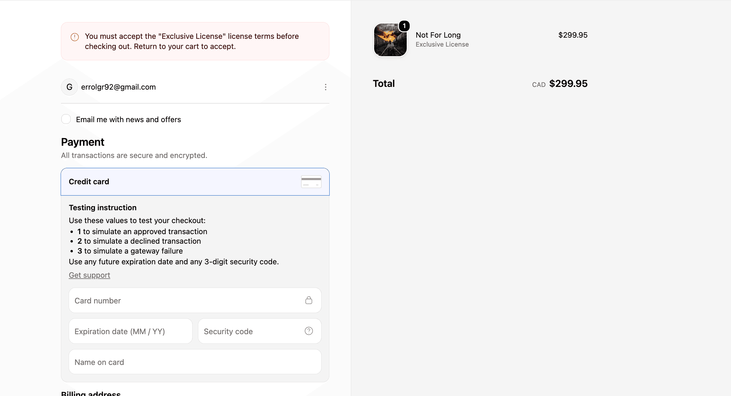Shopify checkout refusing to proceed with the error 'You must accept the Exclusive License license terms before checking out. Return to your cart to accept.'