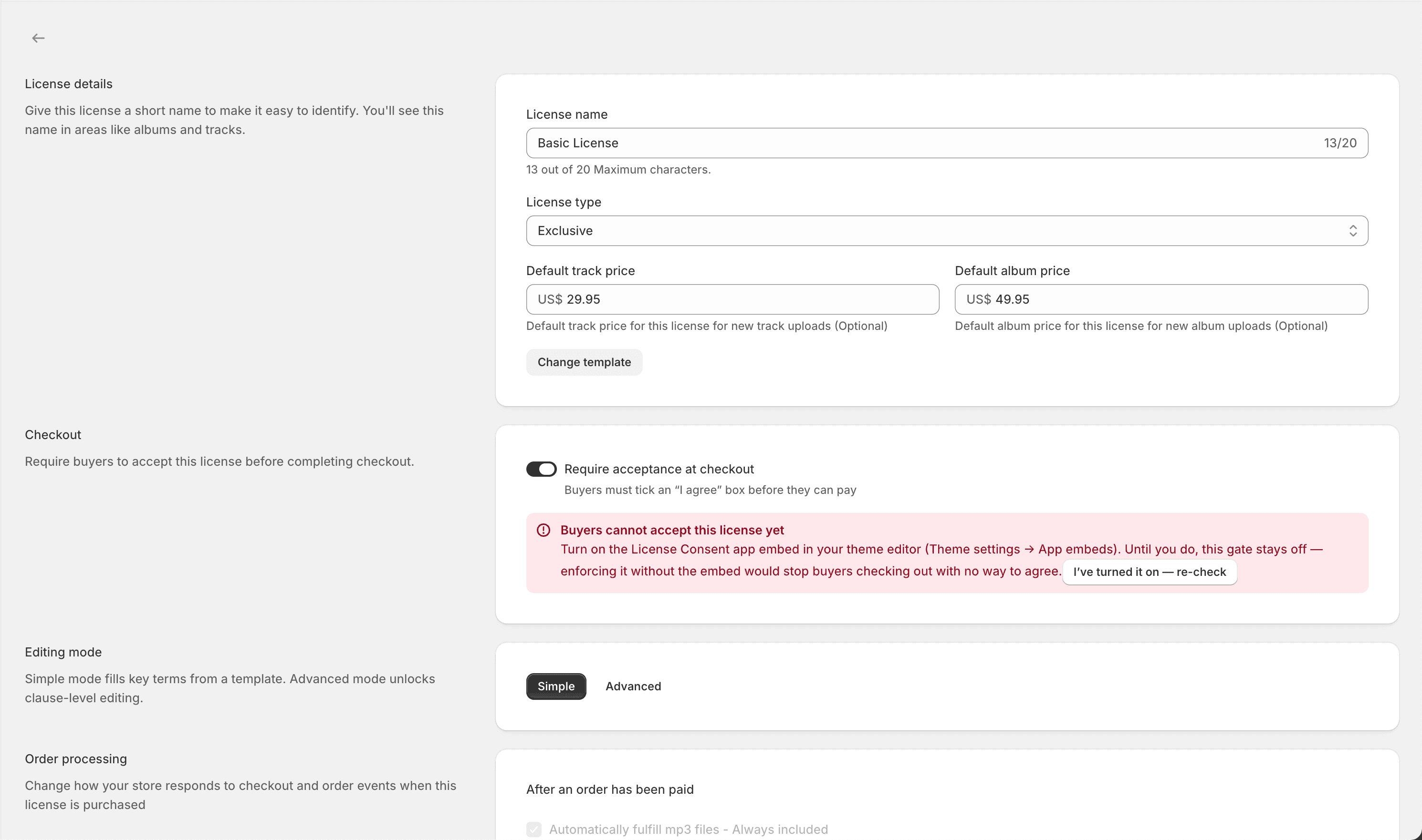 The license editor's Checkout section with Require acceptance at checkout on and the embed-not-installed warning banner