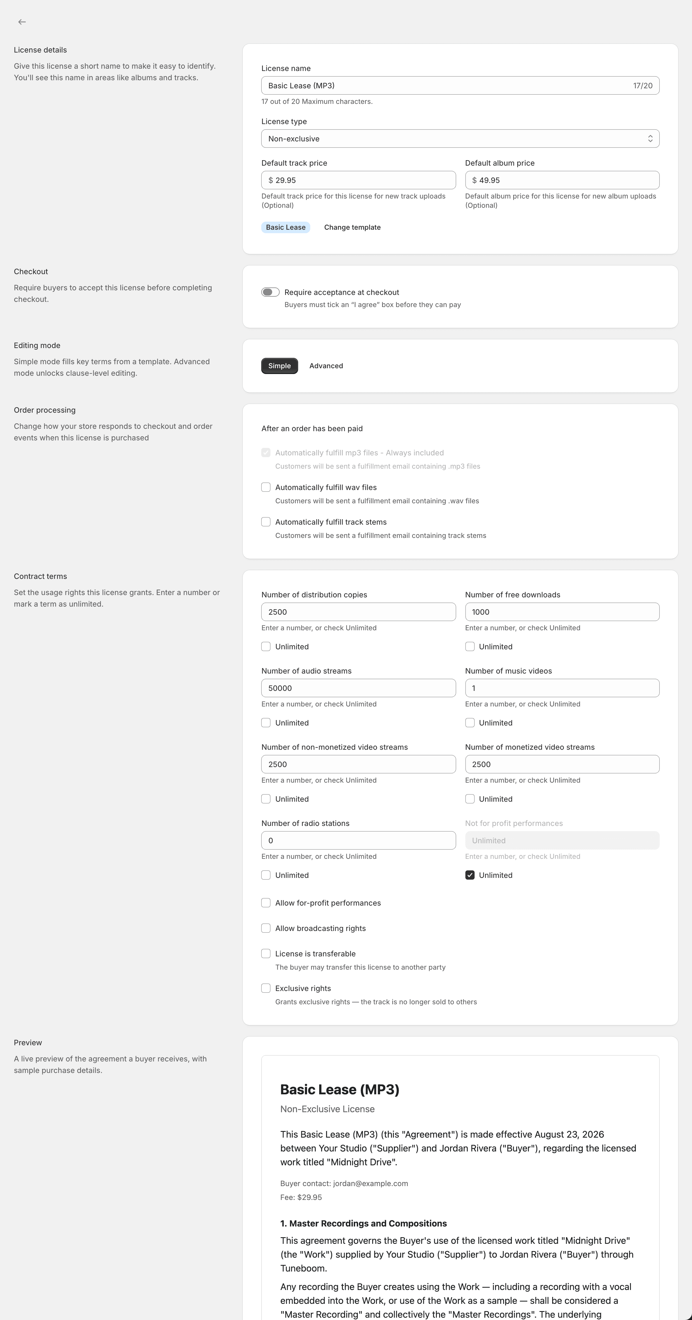 The license editor in Simple mode showing the contract term fields and the live agreement preview