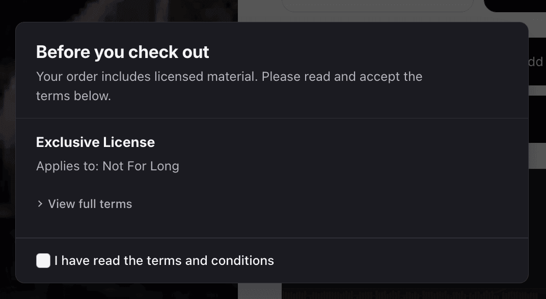 The cart page consent modal listing a license that requires acceptance, with full terms and an accept checkbox