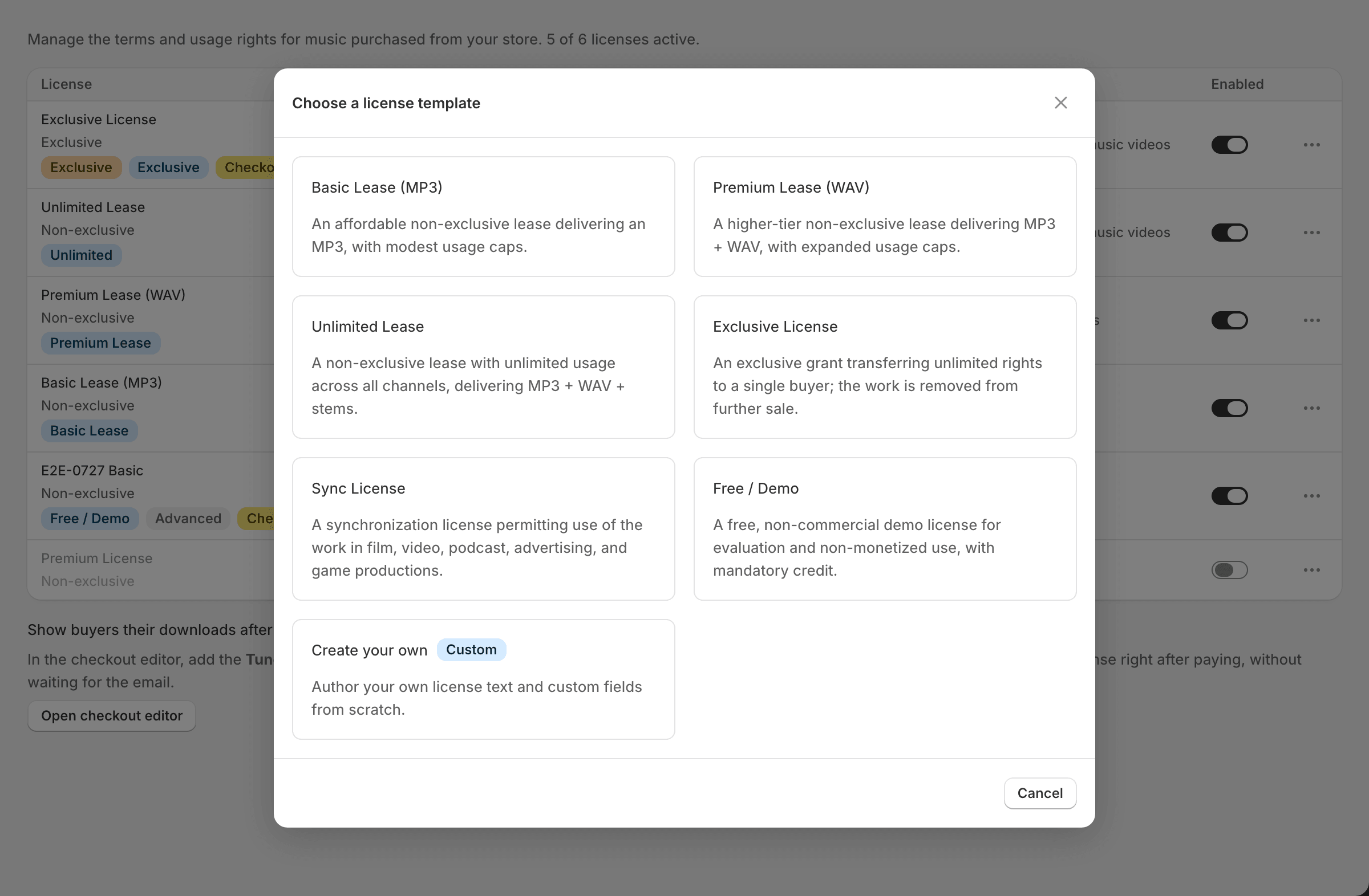 The Choose a license template modal showing seven template cards with names, descriptions, and default prices