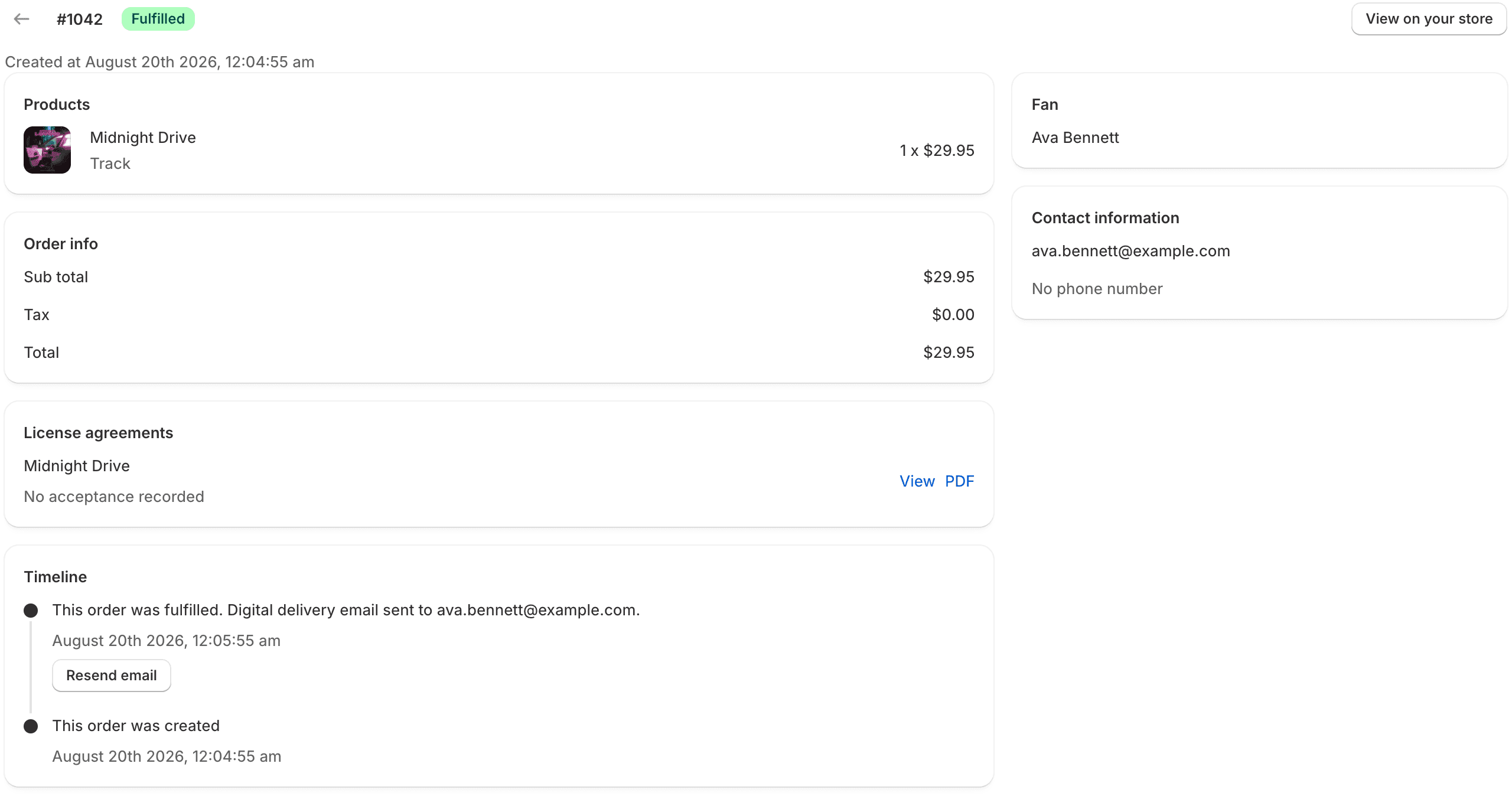 An order detail page with products, totals, license agreements, timeline, and customer sidebar