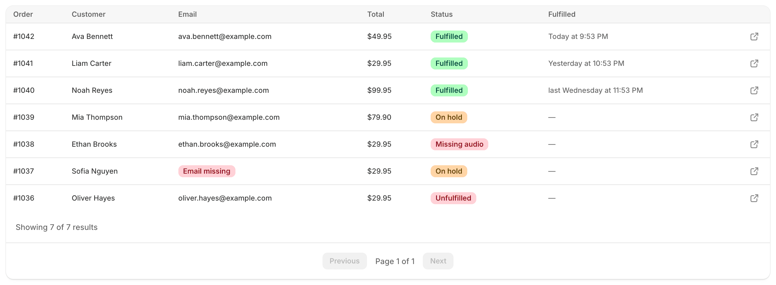 The Orders page showing a paginated table of orders with status badges