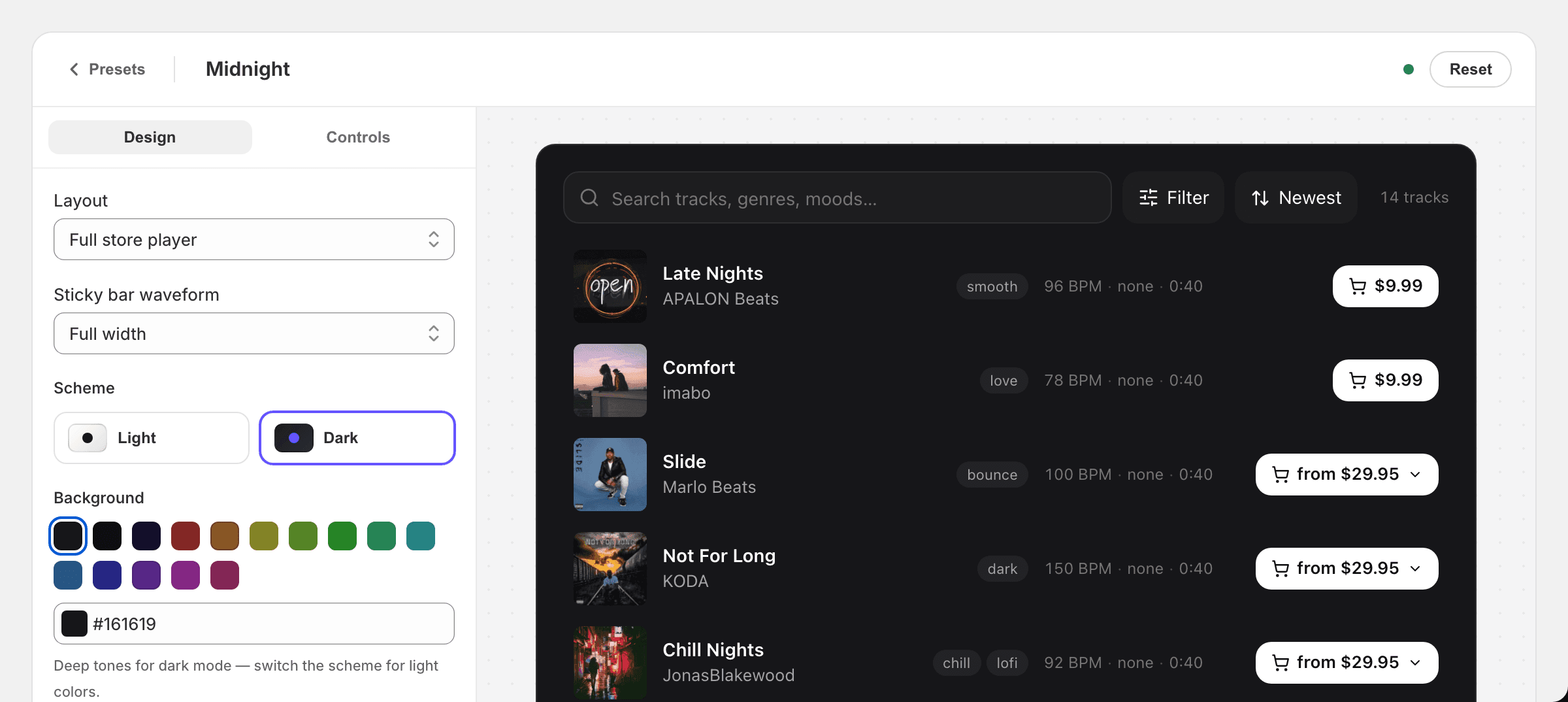 The preset editor with the Design and Controls inspector on the left and the live player preview on the right