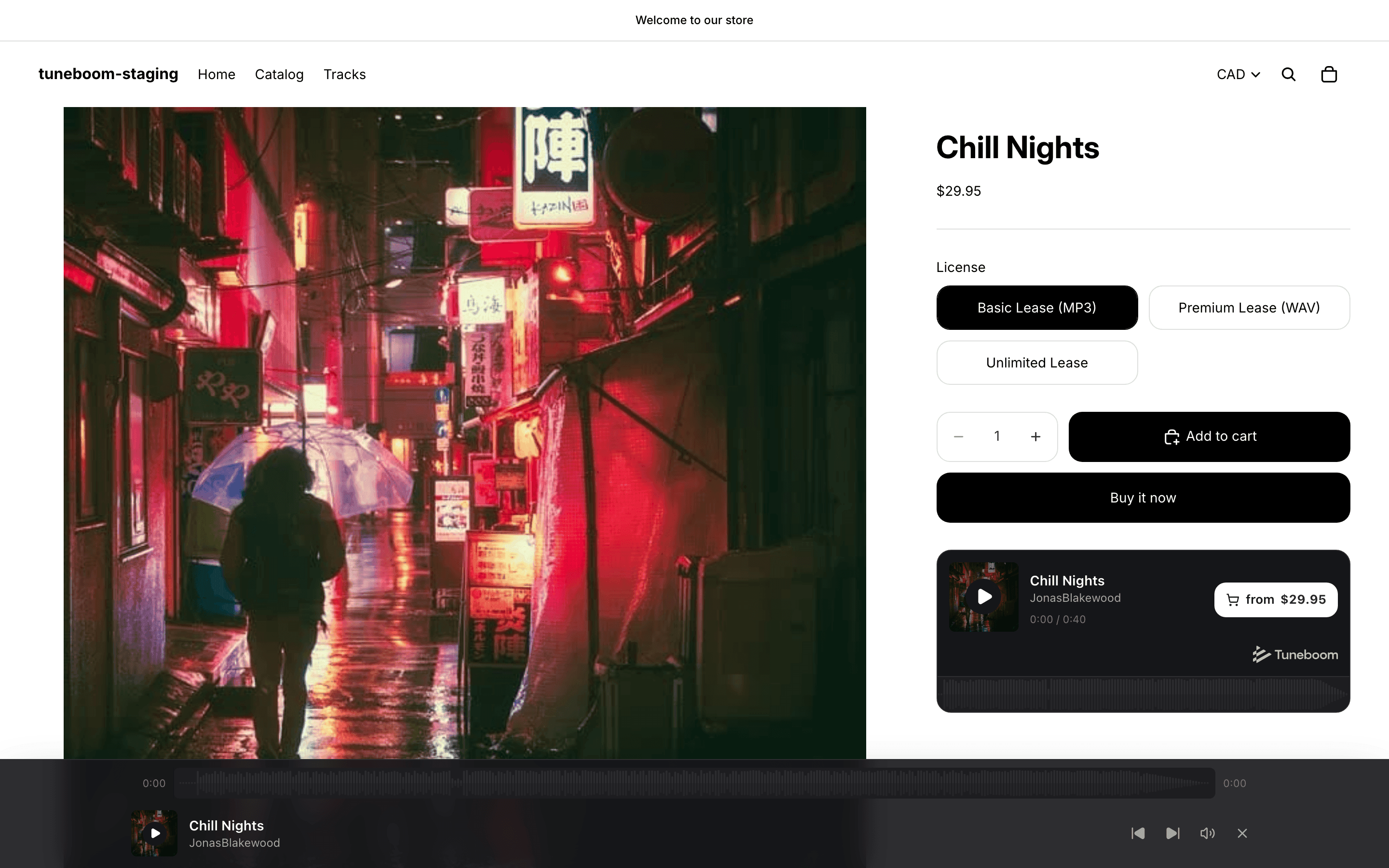 A Shopify product page selling a track with the Tuneboom player, a license picker, and the sticky player bar playing at the bottom