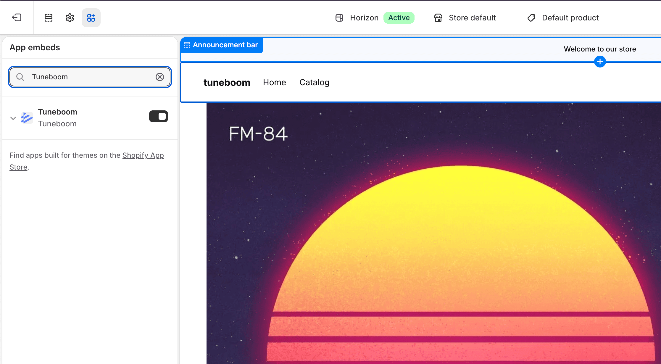 The theme editor App embeds panel with the Tuneboom toggle