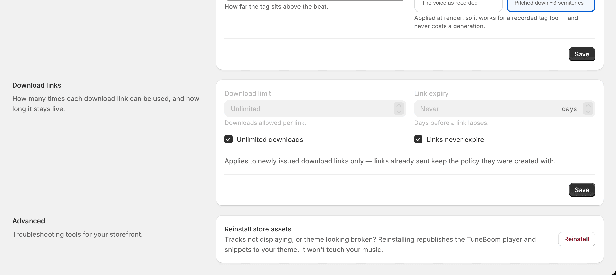 The Advanced section with the Reinstall store assets button
