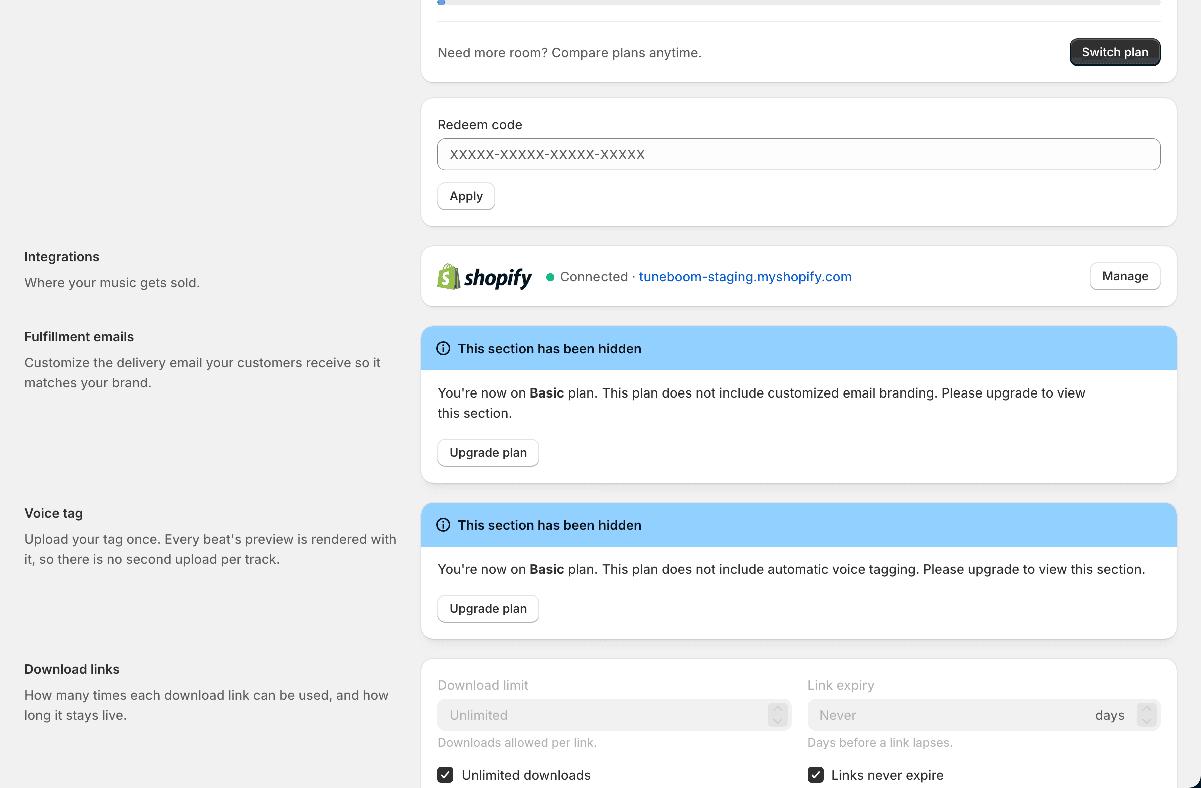 The Fulfillment emails section hidden behind an upgrade banner on a lower plan