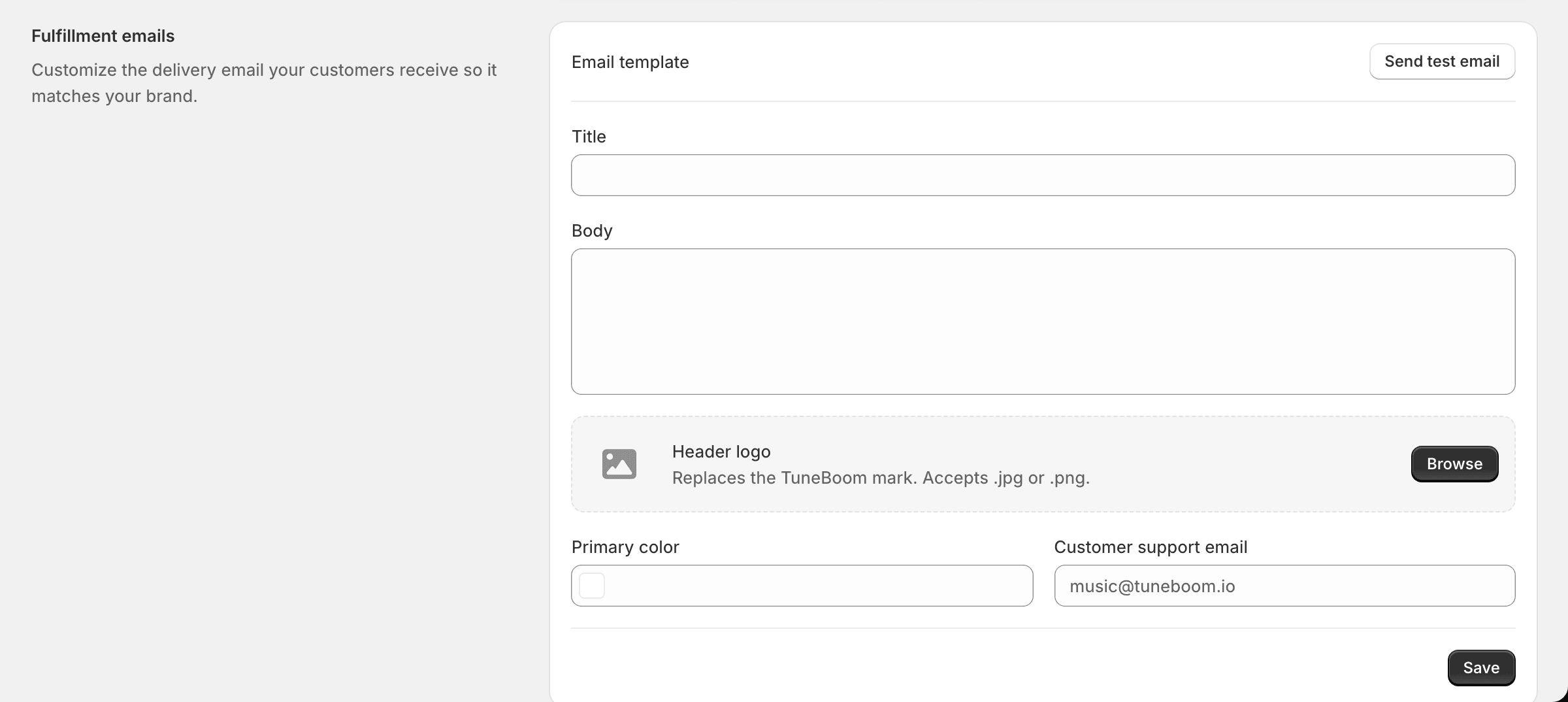 The Fulfillment emails editor with a custom logo, colors, and copy configured