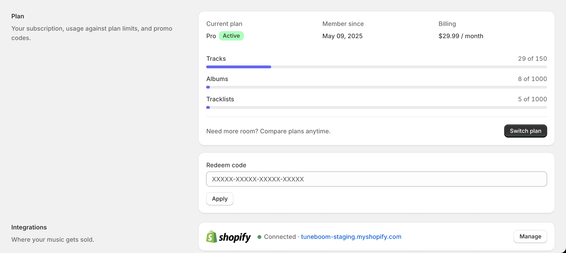 The Redeem code field with Apply button in the Settings Plan section