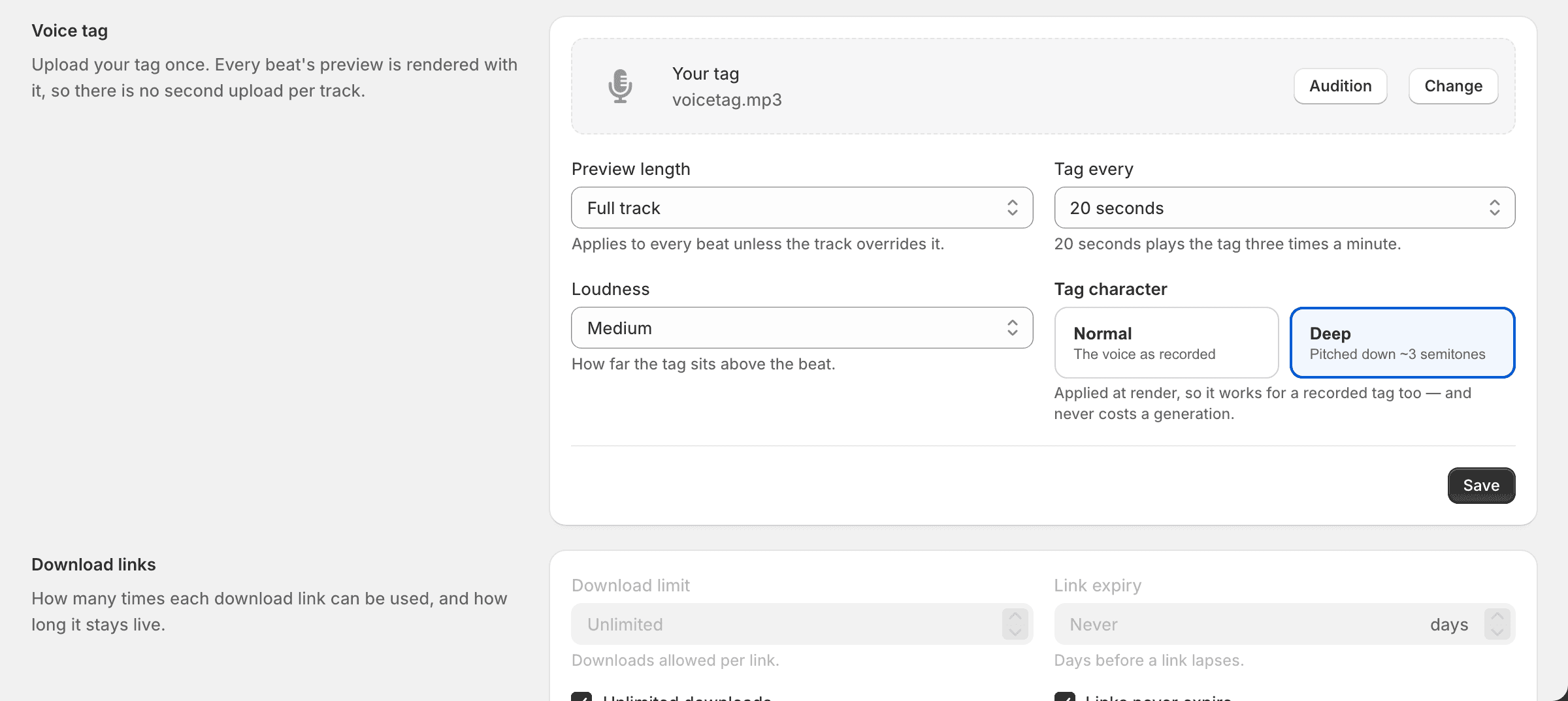 The Voice tag section with an uploaded tag, audition button, and timing and sound controls